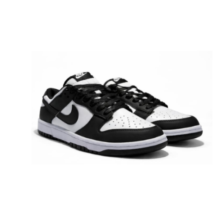Black and white panda style low-top sneaker with white sole and black detailing on a white background