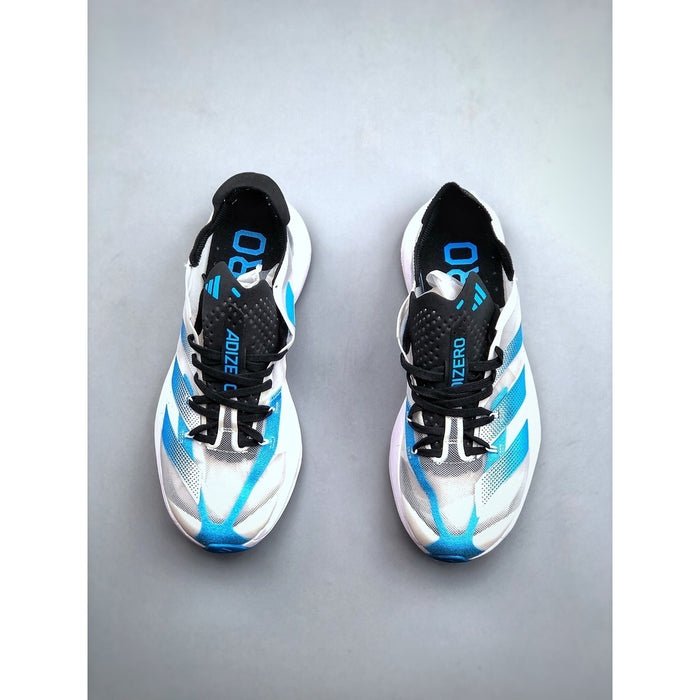 Adidas Adizero white and blue lightweight running shoes top view